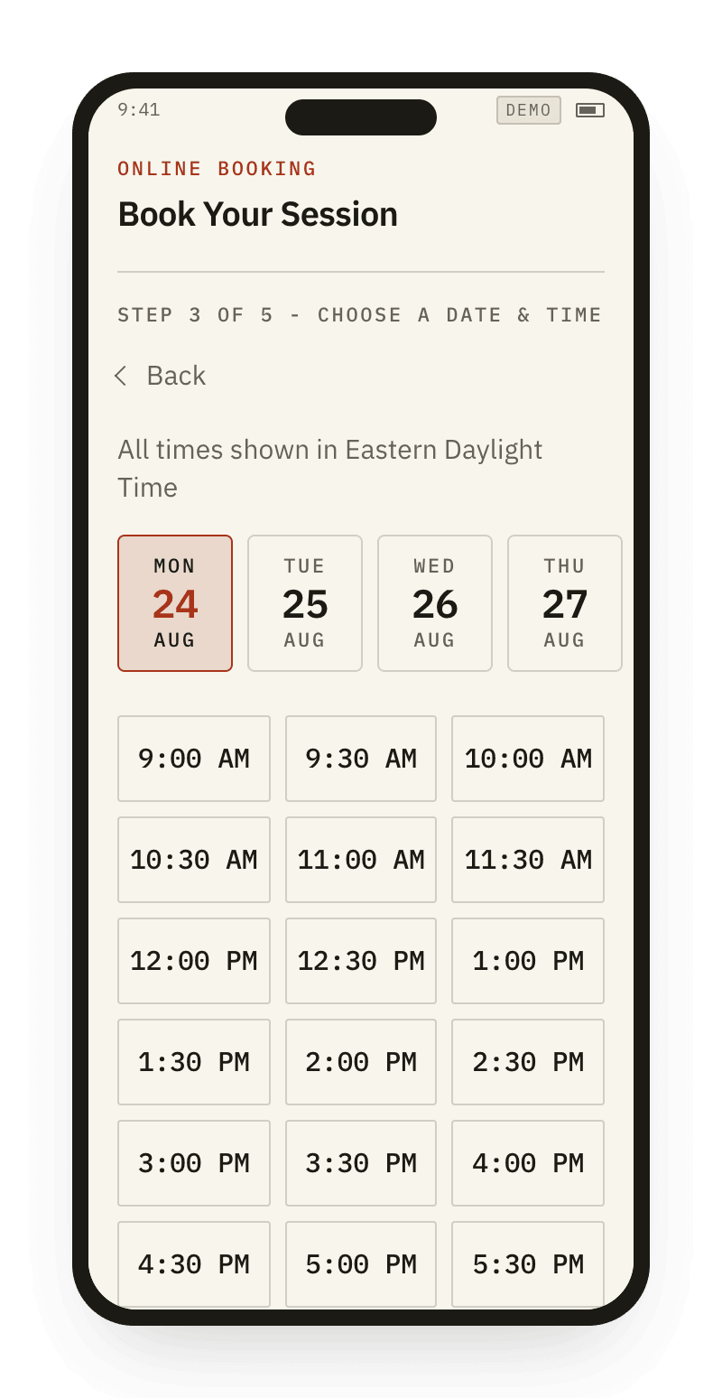 Step three of the booking flow: a date strip and a grid of open times