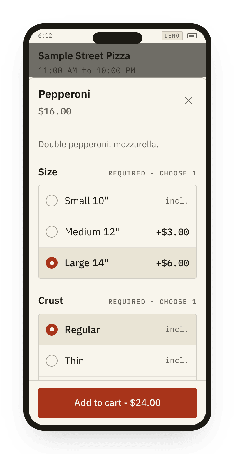A phone showing a pizza with size, crust and topping choices, and an add to cart button.