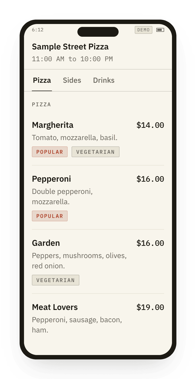 A phone showing a restaurant menu: categories, item photos and prices.