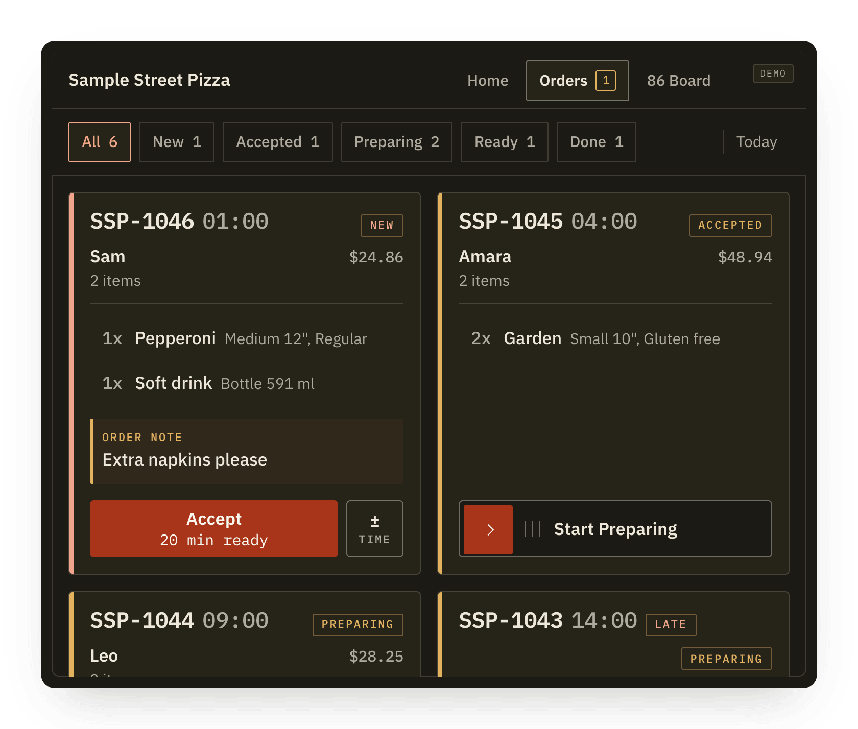 A kitchen tablet showing orders across New, Accepted, Preparing, Ready and Done.