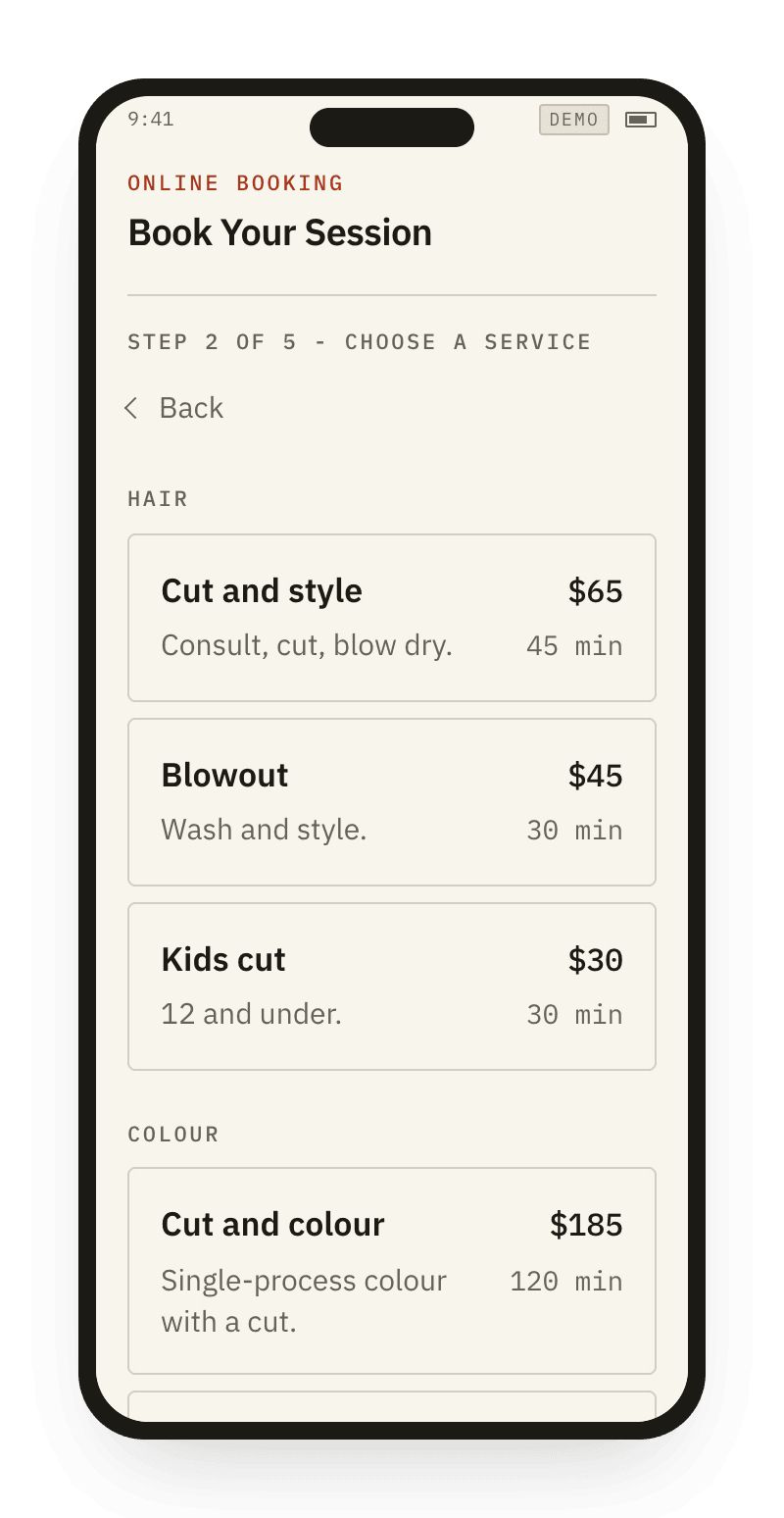 Step two of the booking flow: six services with their durations and prices