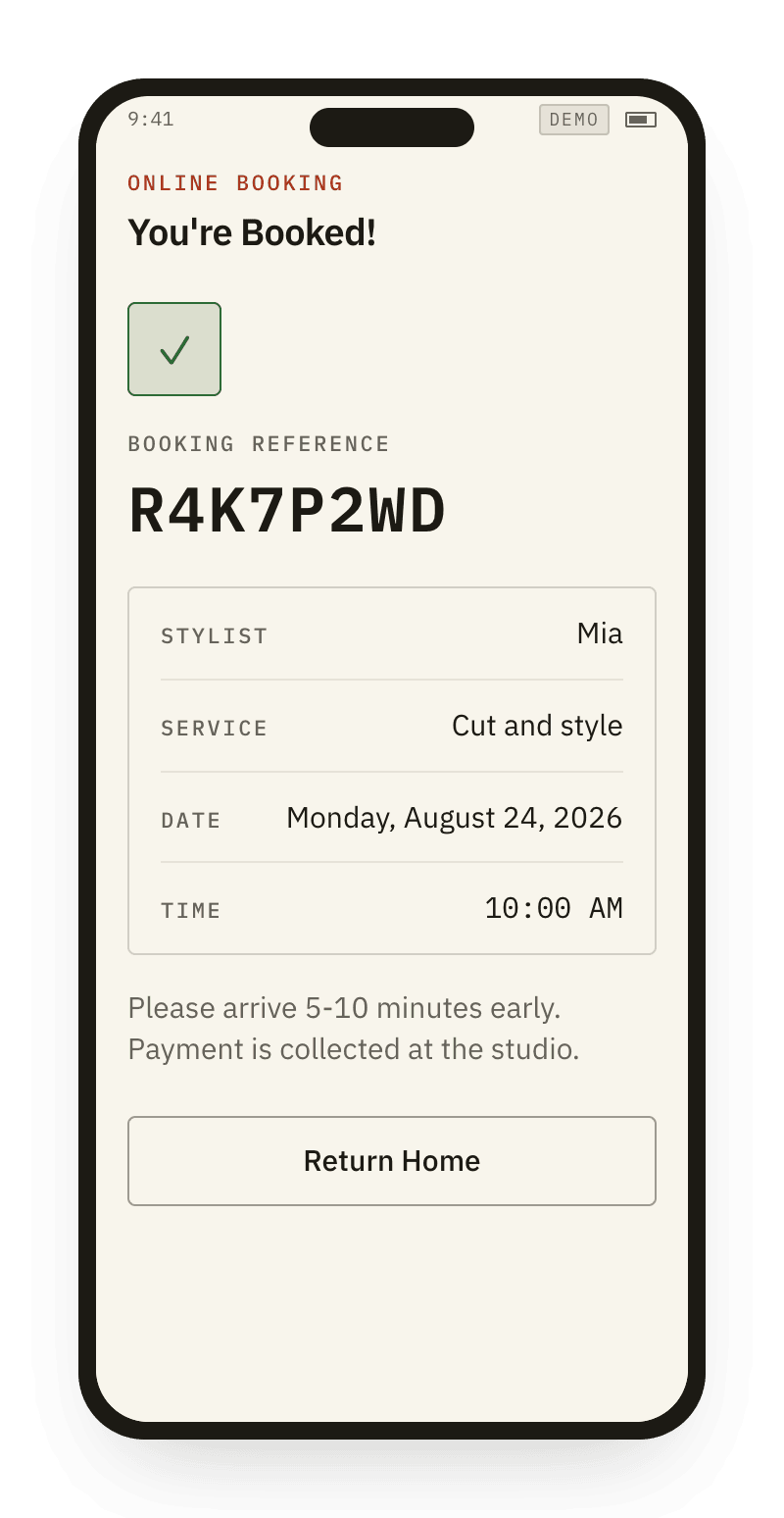 The confirmed screen: a booking reference, the stylist, the day and the time