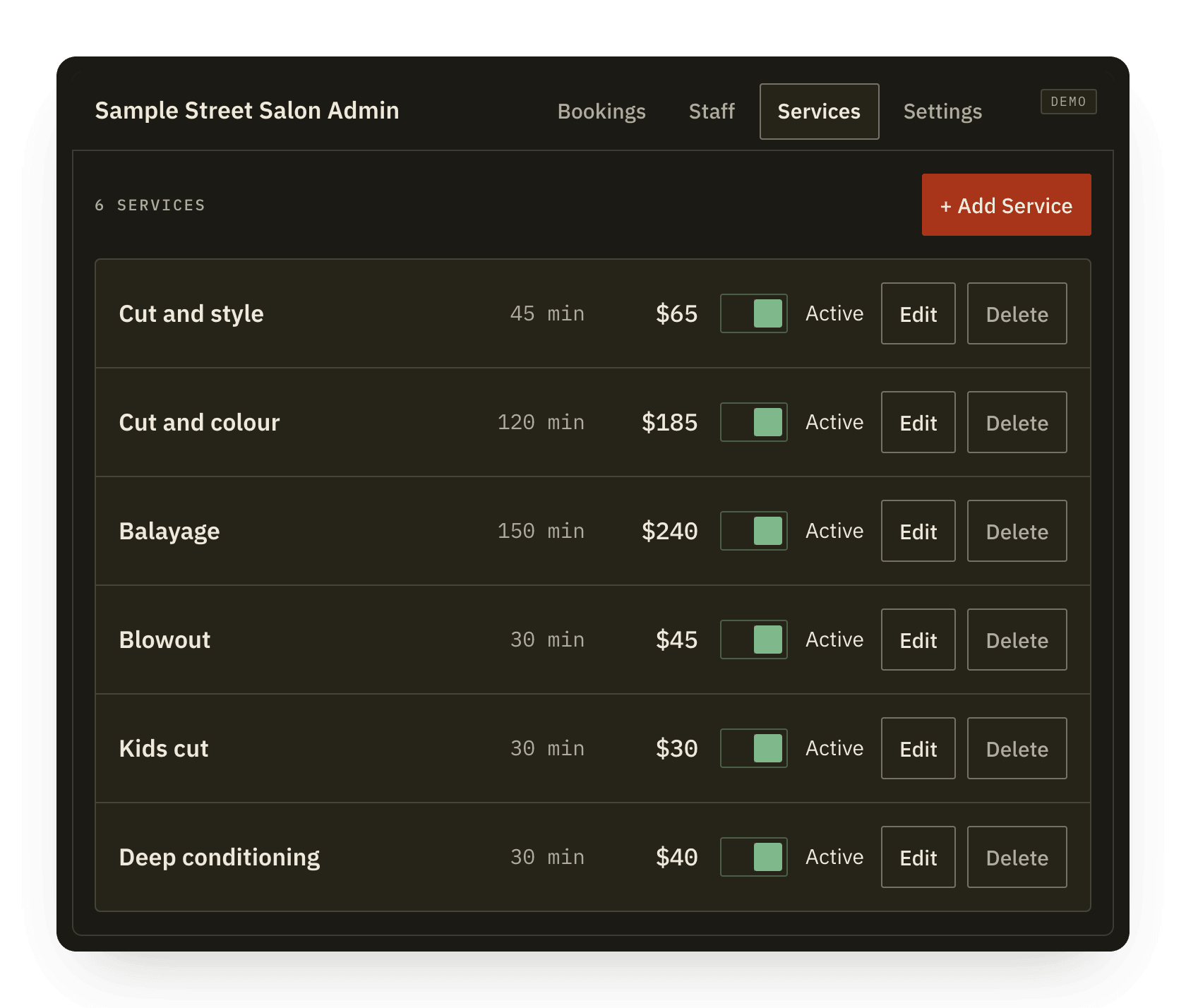 The services list, each with its duration and price, edited in place