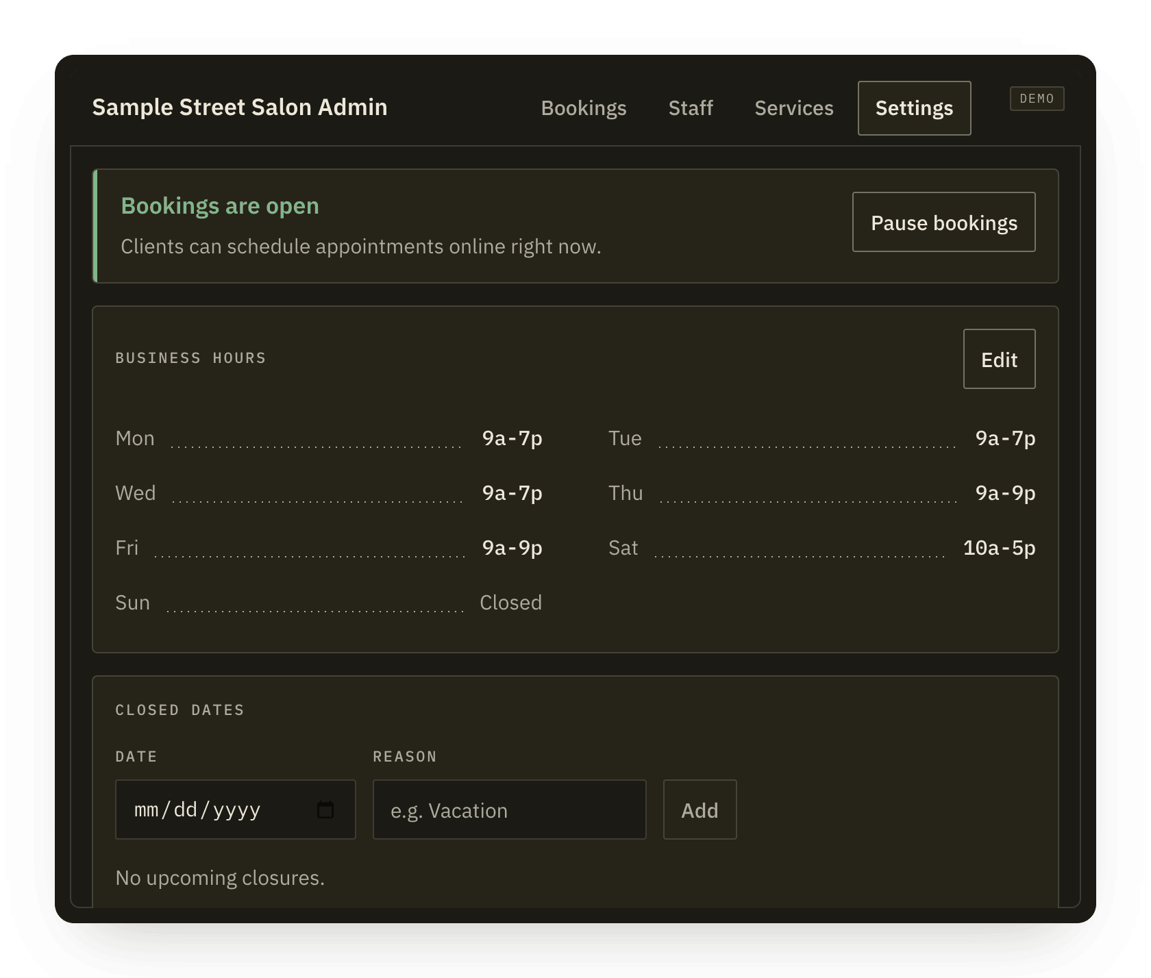Settings: bookings are open, with the button that pauses them, then hours and rules