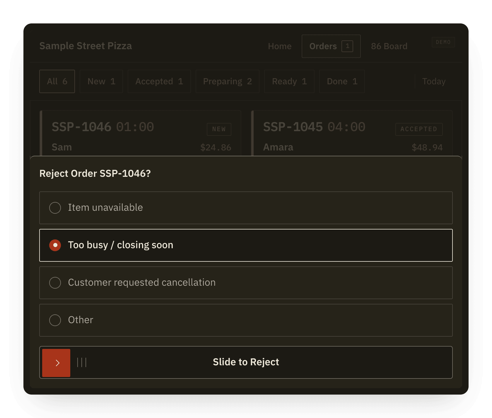 A kitchen tablet showing the sheet used to decline or pause orders.